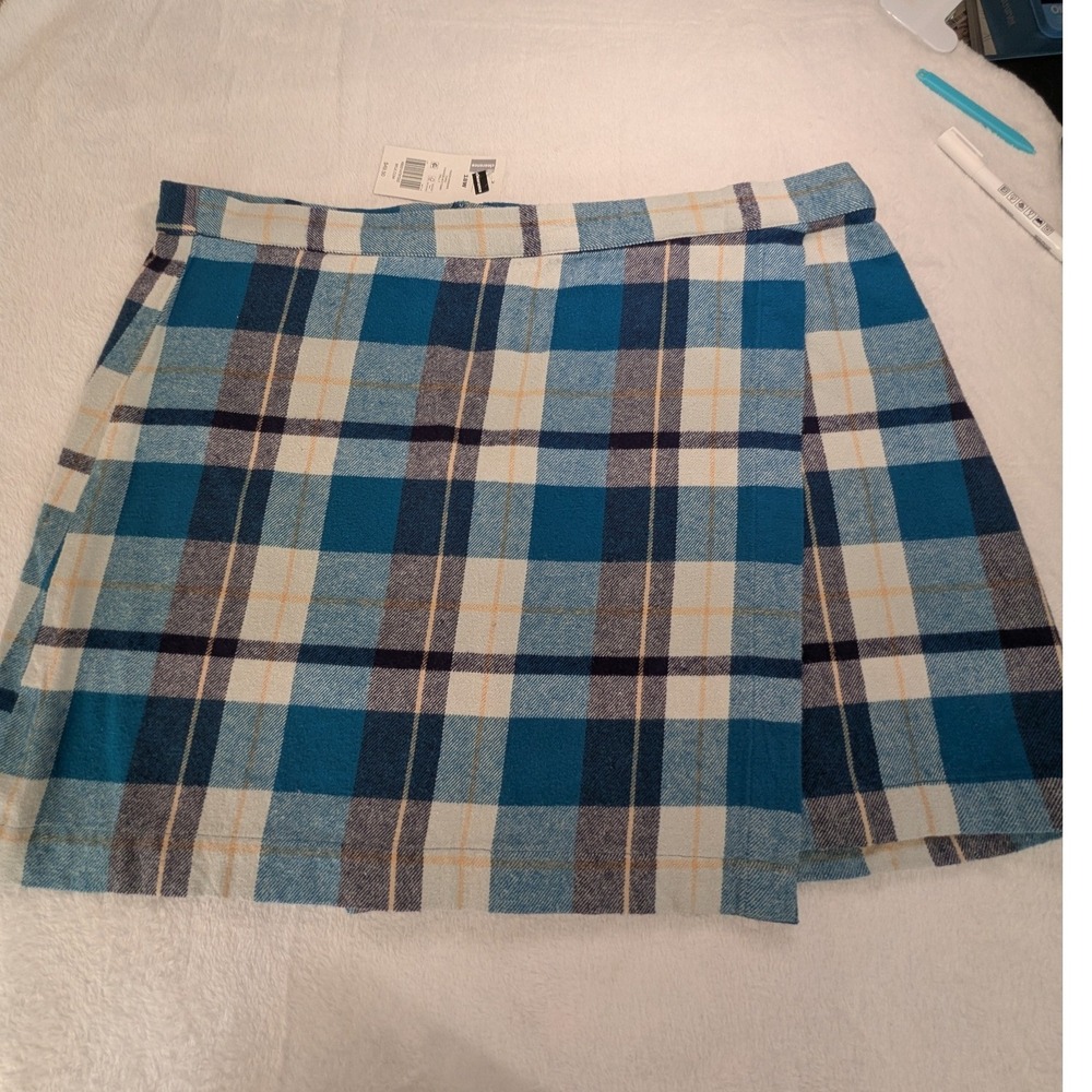 True Craft Plaid Wrap Skirt Women 18W Turquoise Blue New Mini Back Zip Flannel